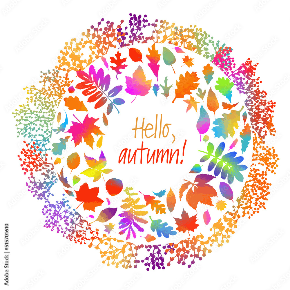 Hello, autumn. Round frame with colorful leaves. Vector illustration