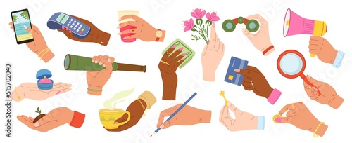 Hands holding objects. Human hand hold binoculars, telescope and magnifying glass. Gesture with flower plant, megaphone and money vector set