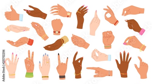 Hand gestures. Human hands hold, point and grip. Multiethnic hands with accessories on wrists vector Illustration set
