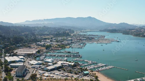 Aerial shot of yachts and sailboats in a Marin County harbor near San Francisco