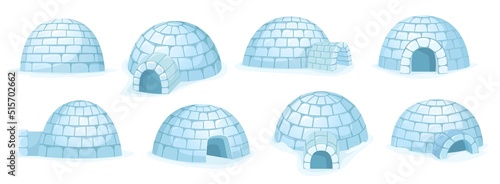 Cartoon igloo. Snow hut, winter house builded of snow and arctic shelter building from different angles vector set