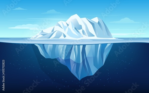 Cartoon iceberg. Growler floating In ocean, underwater part of the iceberg and tip. Giant ice ship vector background illustration