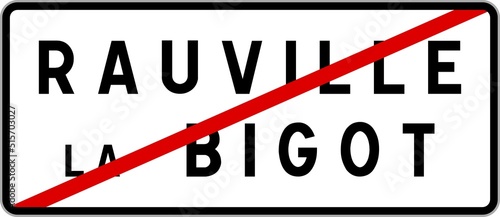 Tableau sur toile Panneau sortie ville agglomération Rauville-la-Bigot / Town exit sign Rauville-l