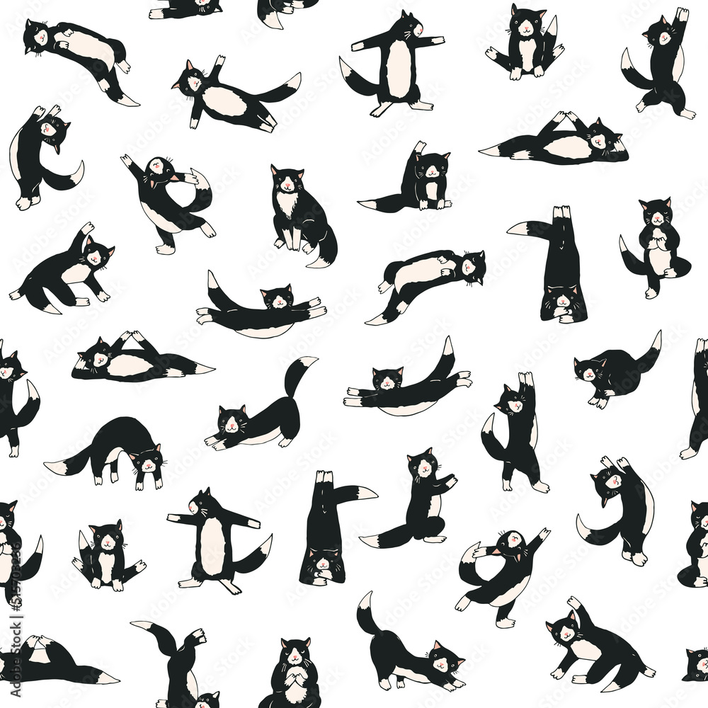 Yoga cats vector seamless pattern