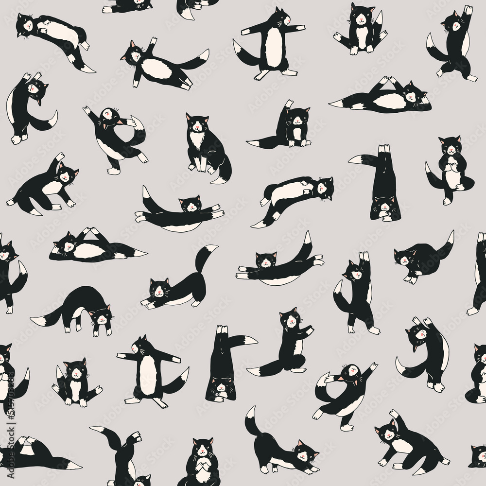Yoga cats vector seamless pattern