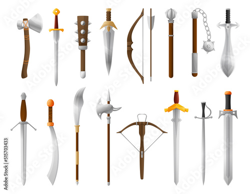 Cartoon medieval weapon. Old sword, bow and axe. Fantasy knight battle weapons vector illustration set