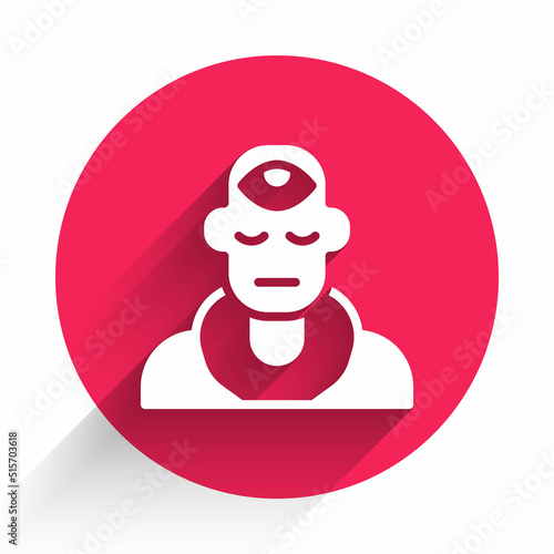 White Wizard warlock icon isolated with long shadow. Red circle button. Vector