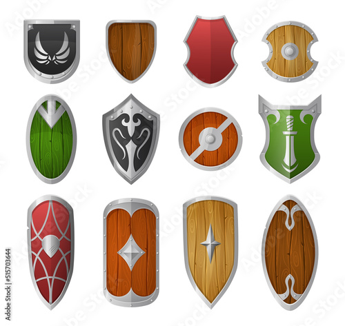 Cartoon shields. Wooden and metal armor, medieval military guard knight shield vector illustration set