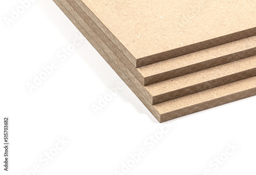 Four panels of raw mdf, stacked like stairs on the right side of a white background.
