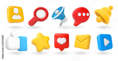 Social media 3D icons. Notification bell, thumb up like, favorites star and comment button. Search, marketing megaphone and email vector set