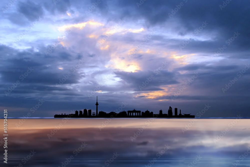 Berlin city silhouette night town on horizon dramatic blue lilac sunset cloudy sky on sea before storm Germany Europe countries nature landscape Banner copy space template logo