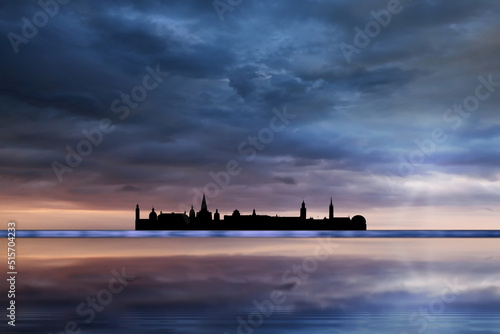 Stockholm city silhouette night town  on horizon dramatic blue lilac sunset  cloudy sky on sea before storm Sweden  Europe  countries  nature landscape Banner copy space template logo