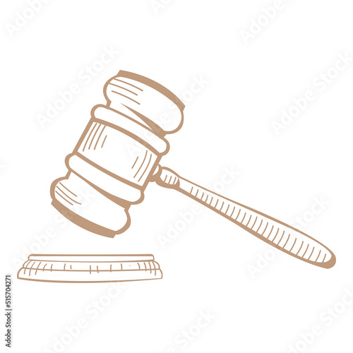 Hand drawn judge gavel sketch. Isolated on white.