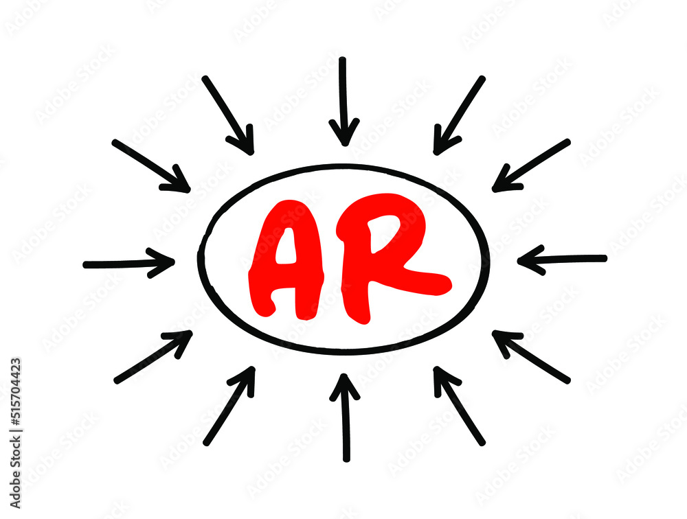 AR Augmented Reality - interactive experience of a real-world environment where the objects that reside in the real world are enhanced by computer-generated information, acronym concept with arrows AR Augmented Reality - interactive experience of a real-world environment where the objects that reside in the real world are enhanced by computer-generated information, acronym concept with arrows