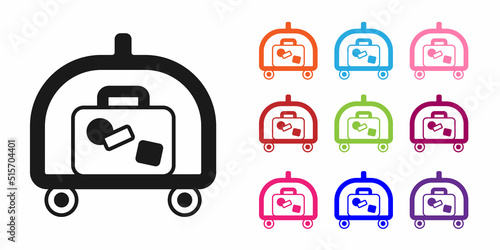 Black Hotel luggage cart with suitcase icon isolated on white background. Traveling baggage sign. Travel luggage icon. Set icons colorful. Vector