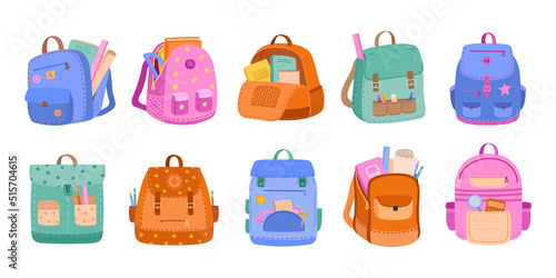 School backpacks. Kids schoolbags, childish bags with school supplies, books and stationery. Education accessories vector set