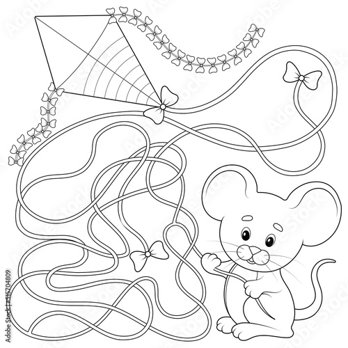Game, find the right way. Mouse holding a kite. Teaching children logic in a playful way. Children coloring book.