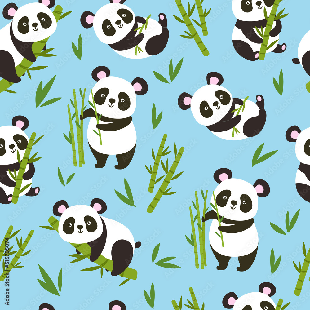 Obraz premium Pandas pattern. Seamles baby panda bears with bamboo branches, cute china animal vector background illustration