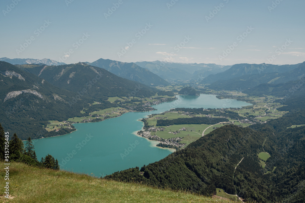 view of the mountains and wolfgangsee lake in austria