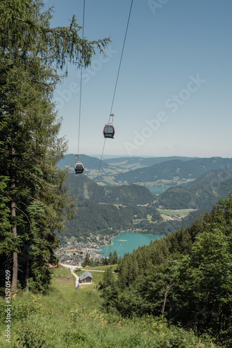 cable car cabin in the mountains in austria above the wolfgangsee lake