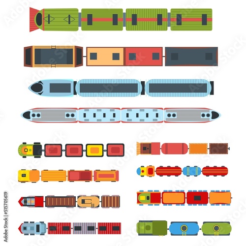 Top view trains. Kids toys locomotive train with wagons, childrens railway vector Illustration set