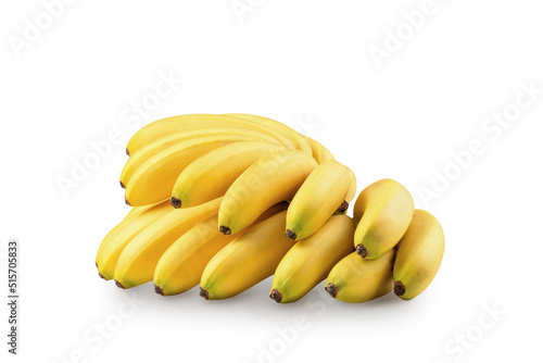 Side view of tropical mini baby banana fruits isolated on white background with soft shadow.