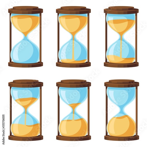 Cartoon hourglass. Old sandglass with falling sand inside, vintage timer for measuring time, animation illustration vector set
