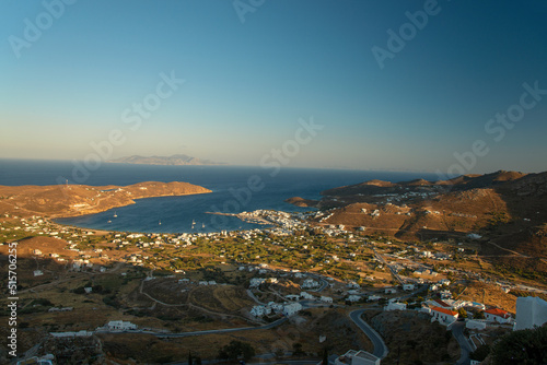 View over the Livadi bay from from the top of the hill in Chora town on Serifos island in Greece