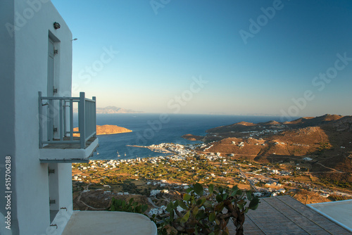 View over the Livadi bay from traditional style house in Chora town on Serifos island in Greece