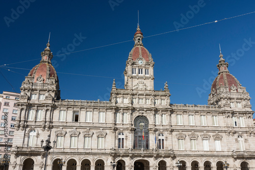 Facade of City Hall of La Coruña. Maria Pita square. Architecture. Galicia. Blue