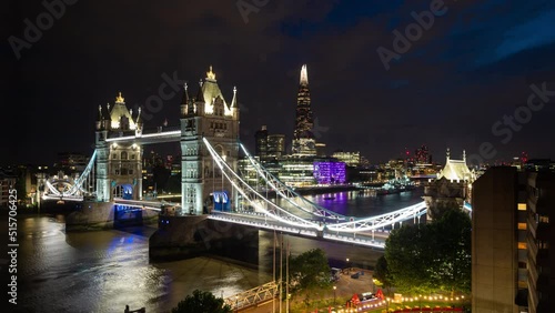 Night Timelapse high view of Tower Bridge illuminated