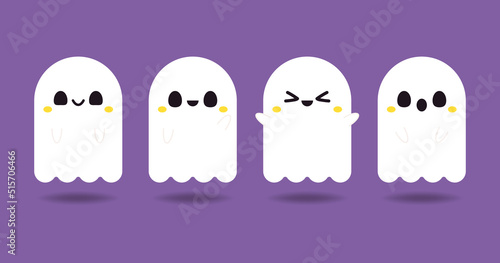 Happy halloween party greeting card with cute ghost. Holidays cartoon character. Cute spooky ghosts.