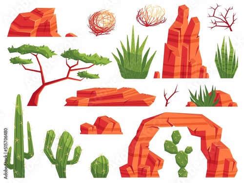 Cartoon sand desert elements. Western cactuses, tumbleweeds and aloe plants. Mountain rocks and stones for valley landscape vector set