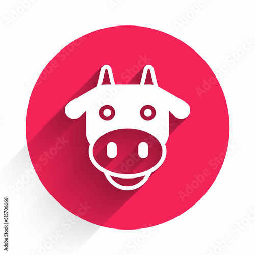 White Cow head icon isolated with long shadow background. Red circle button. Vector
