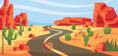 Desert road. Death valley, western hot summer highway with cactuses and tumbleweeds vector landscape background illustration