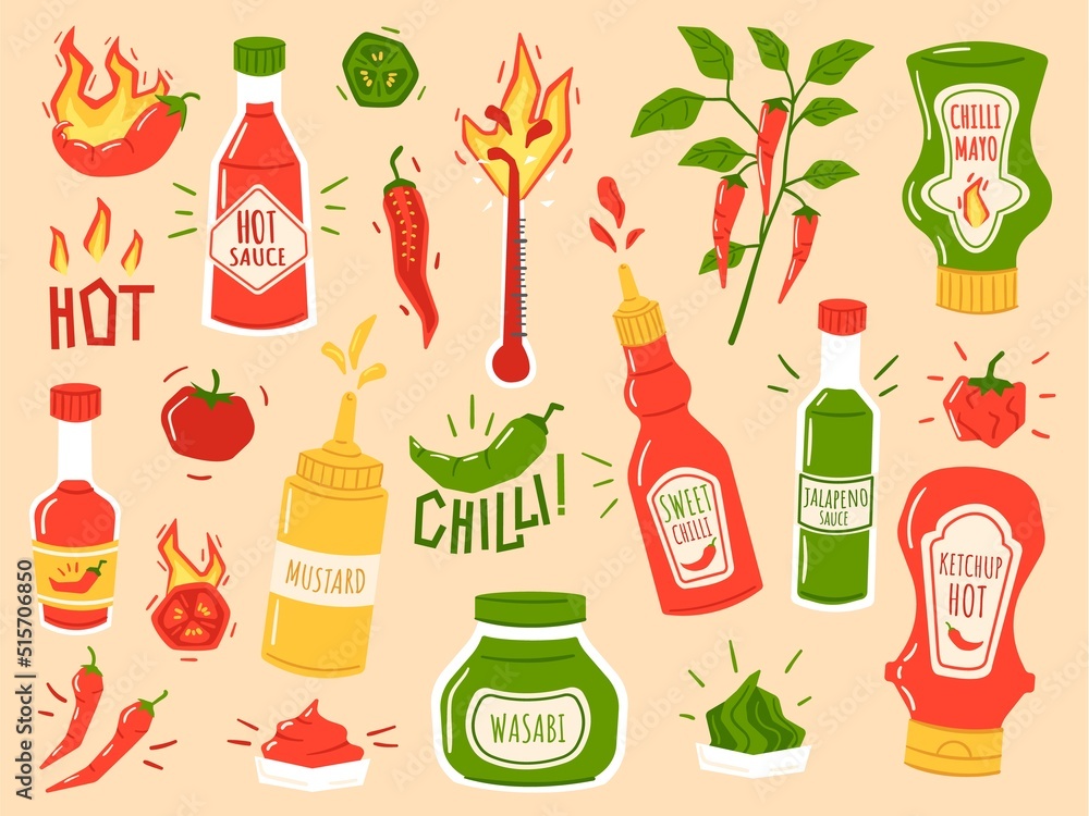 Hot sauces. Sweet chilli, spicy mayo and ketchup bottles. Wasabi, mustard and flaming peppers vector Illustration set Hot sauces. Sweet chilli, spicy mayo and ketchup bottles. Wasabi, mustard and flaming peppers vector Illustration set
