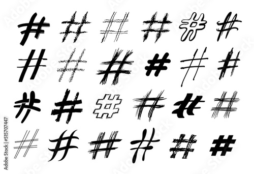 Hand drawn hashtag signs. Grunge brush hash symbols, hand painted tag and pound sign vector set