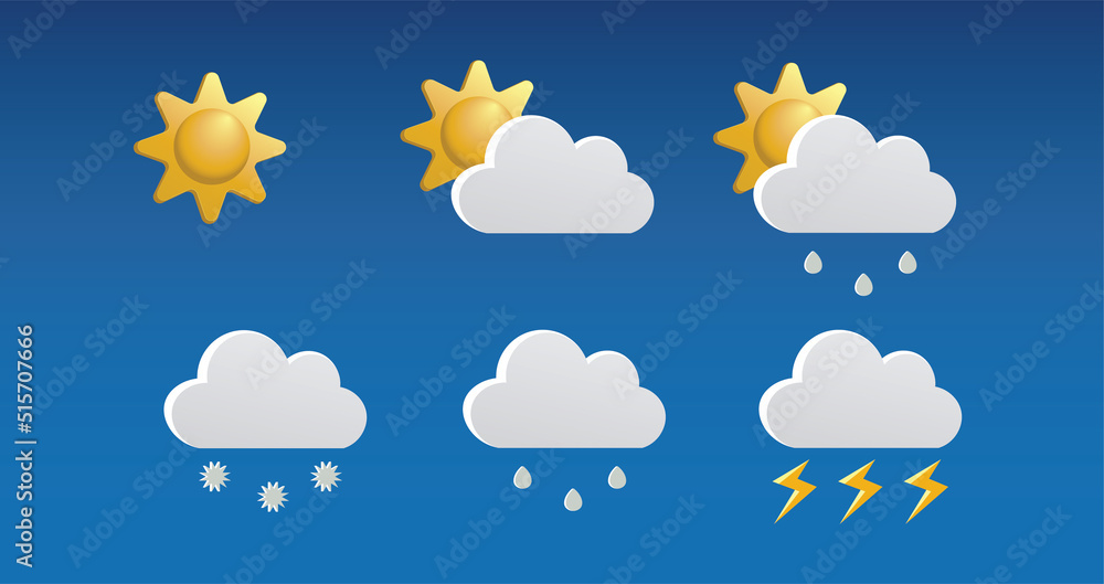 3D weather forecast set. Different 3d icons different weather: Sunny, rainy, cloudy, snow, thunder