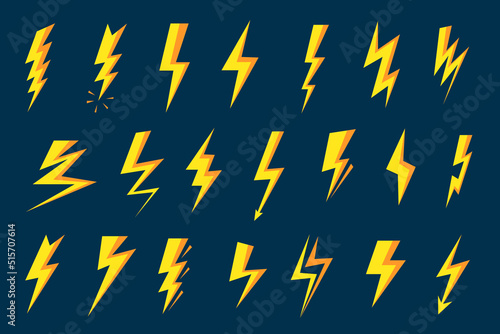 Lightning bolt symbol. Thunder strike, speed flash and thunderbolts shapes. Electricity and charging icons vector set
