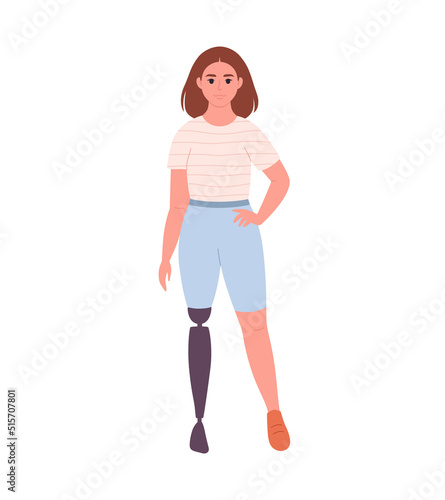 Disabled young woman with prosthetic leg. Female character with a physical disability. Hand drawn vector illustration.