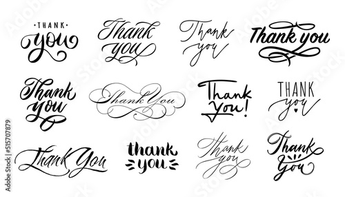 Thank you lettering. Handwritten calligraphic words of thanks, thanking tags for letter or card design vector set