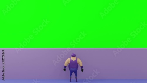 Funny character trying to look over wall to see what is on the other side, green screen background, 3D animation in Prores 4K UHD