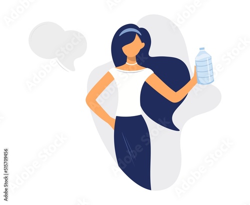 Young beautiful woman with a bottle of water. The girl is holding a bottle of water to drink. Flat vector illustration. Modern faceless character in flat style with speech bubble.