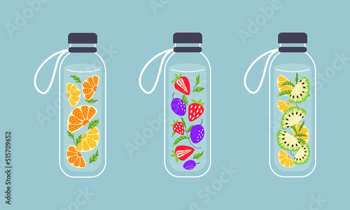 Fruit, berries infused water in glass reusable bottles. Detox, refreshment drink healthy water in jar. Cooling beverages, summer drinks. Sustainable lifestyle. Modern zero waste flat illustration. 