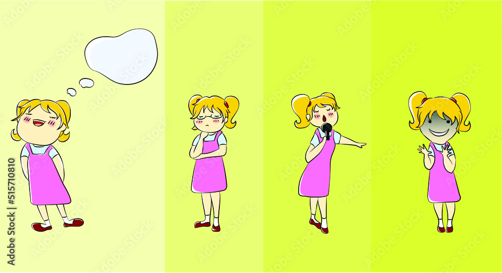 A girl cartoon character - thinking, singing, dreaming A girl cartoon character - thinking, singing, dreaming