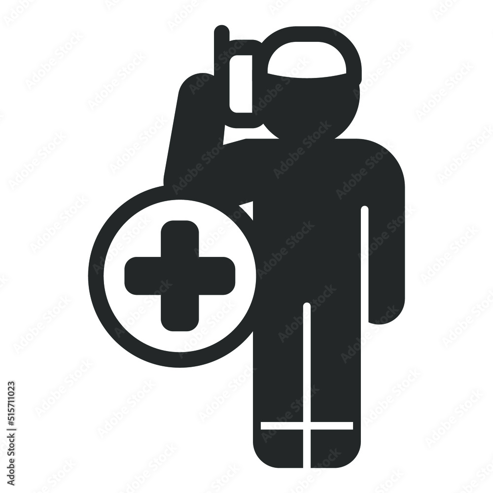 Rescuer talking on radiotelephone, red cross sign, ambulance - vector sign, web icon, illustration on white background, glyph style Rescuer talking on radiotelephone, red cross sign, ambulance - vector sign, web icon, illustration on white background, glyph style