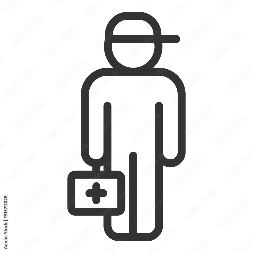 Rescuer with medical suitcase, red cross, ambulance - vector sign, web icon, illustration on white background, outline style Rescuer with medical suitcase, red cross, ambulance - vector sign, web icon, illustration on white background, outline style