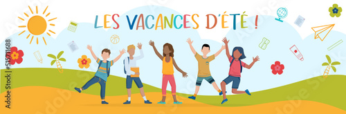 Les vacances d'été - Bannière présentant des écoliers qui sont en vacances
