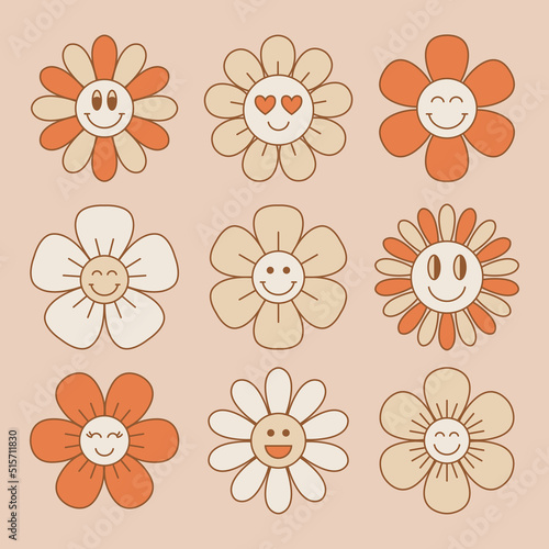 Cute and smiling flower collection in retro 70s style. Vintage floral patches. Vector illustration.