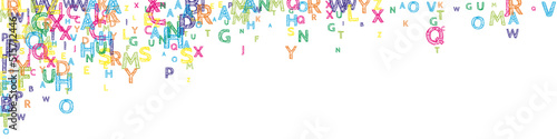 Falling letters of English language. Bright handdrawn flying words of Latin alphabet. Foreign languages study concept. Resplendent back to school banner on white background.